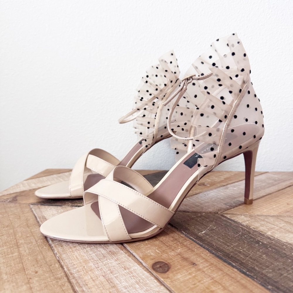 BCBGMaxazria Stella Sandal Cream Ruffle Polka Dot Heels - Picture 7 of 14